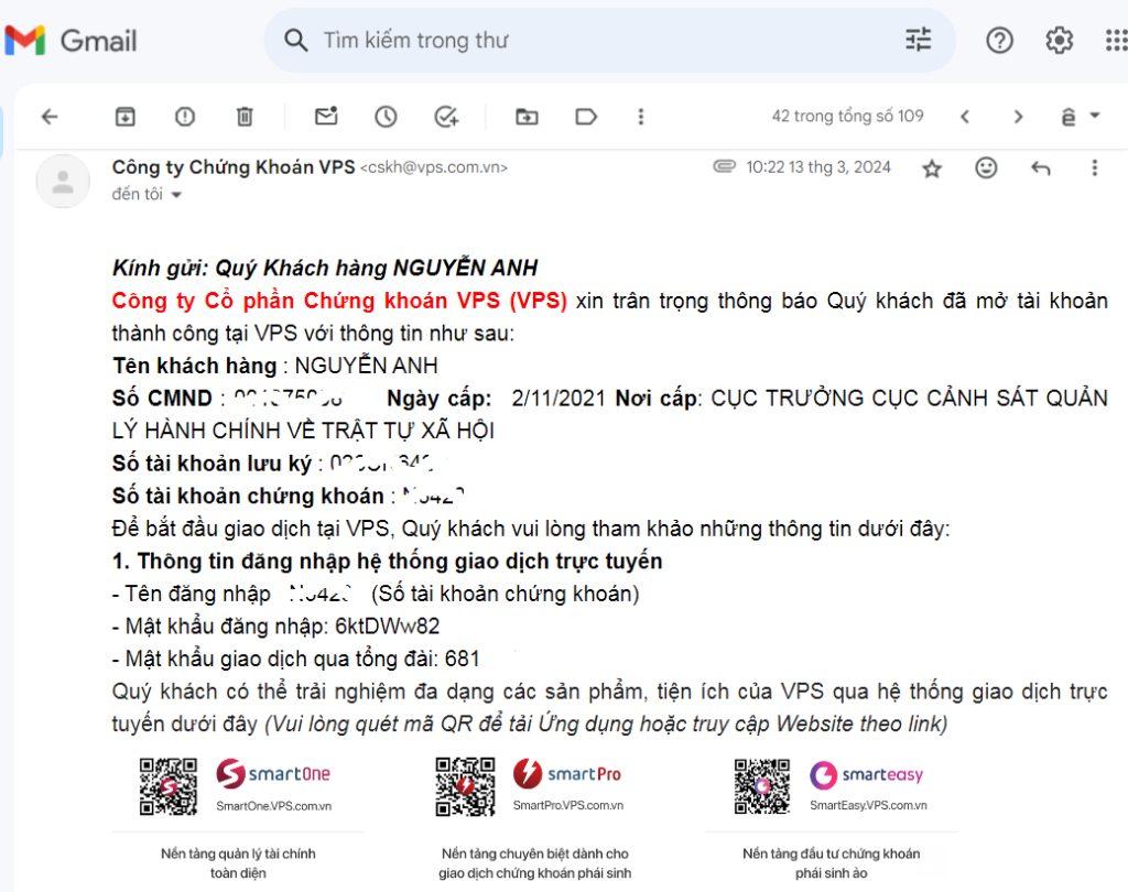 Nhận email thông tin vps